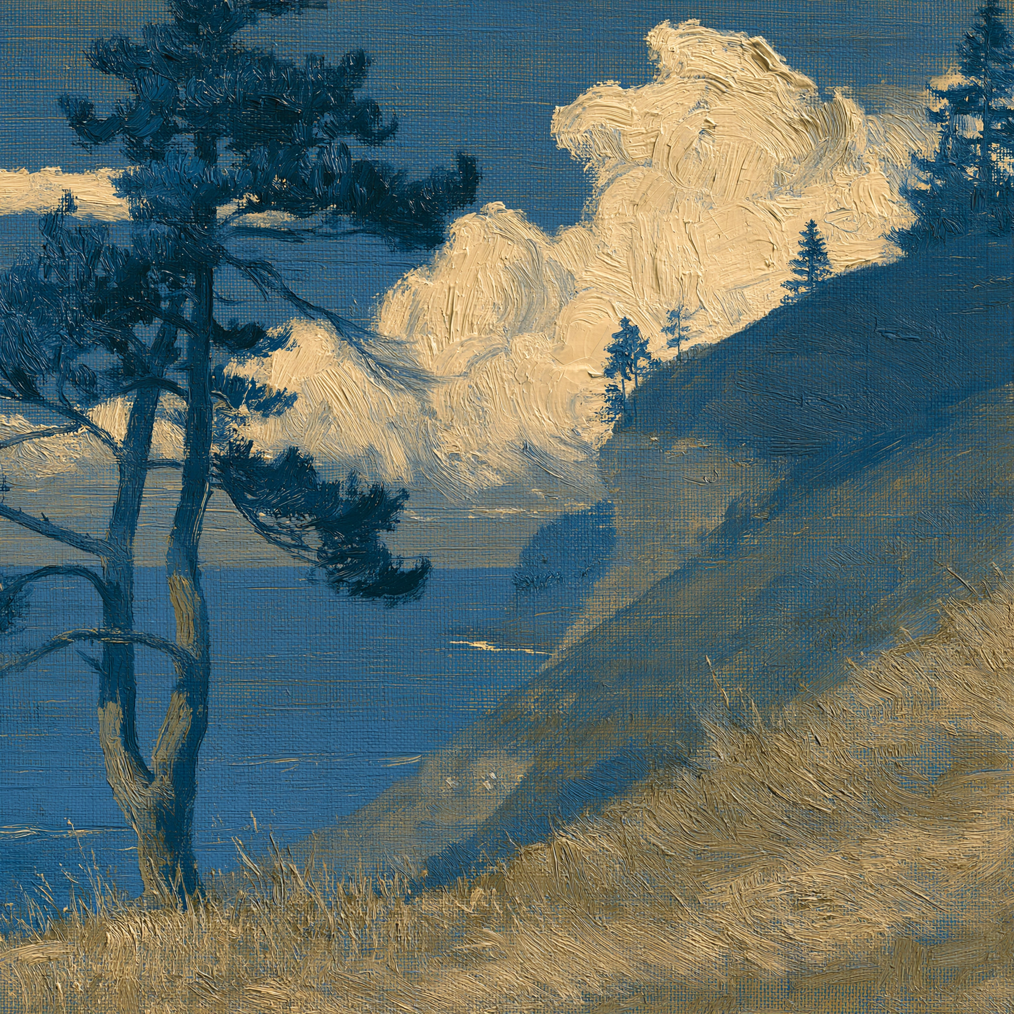 A textured blue and gold painting of a pine tree on a coastal hillside beneath heavy clouds
